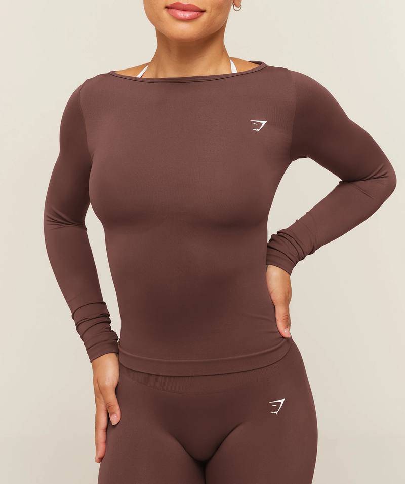 Everyday Seamless Wide Neck Long Sleeve Top Espresso Brown Gymshark