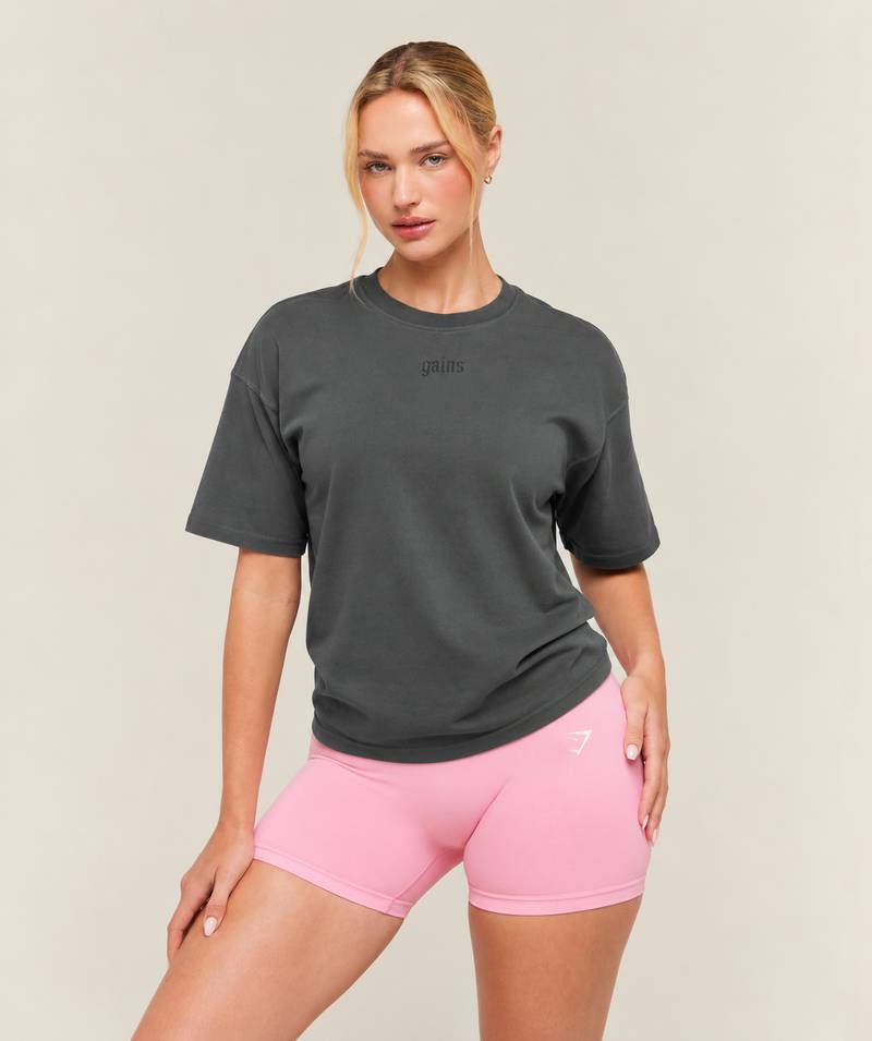 Gains Washed Heavyweight Cotton T-Shirt Grey Gymshark